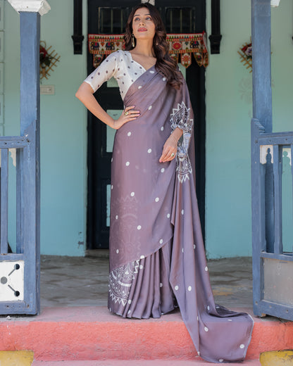 Mocha Beige Satin Georgette Saree with White Polka Dots & Mandala Pallu | Designer Freehand Saree with Handsfree Pallu Loop