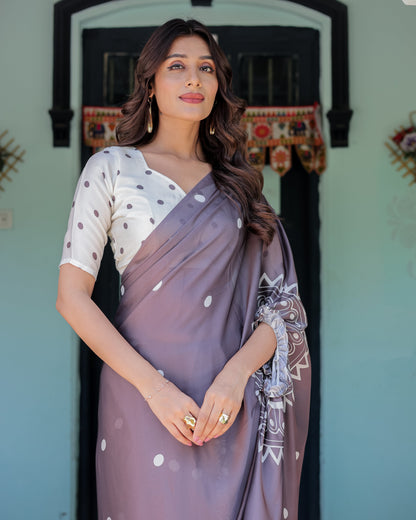 Mocha Beige Satin Georgette Saree with White Polka Dots & Mandala Pallu | Designer Freehand Saree with Handsfree Pallu Loop