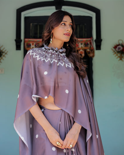 Mocha Beige Satin Georgette Saree with White Polka Dots & Mandala Pallu | Designer Freehand Saree with Handsfree Pallu Loop