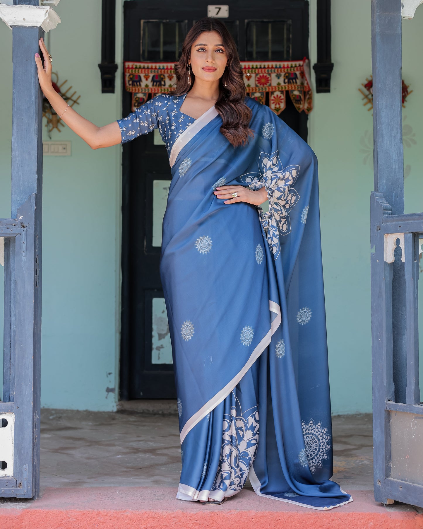 Ocean Blue Satin Georgette Freehand Saree with White Mandala Motifs & Printed Ikat Blouse | Handsfree Loop Drape