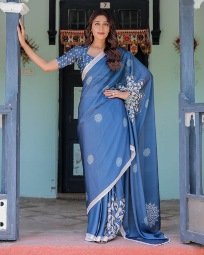Ocean Blue Satin Georgette Freehand Saree with White Mandala Motifs & Printed Ikat Blouse | Handsfree Loop Drape