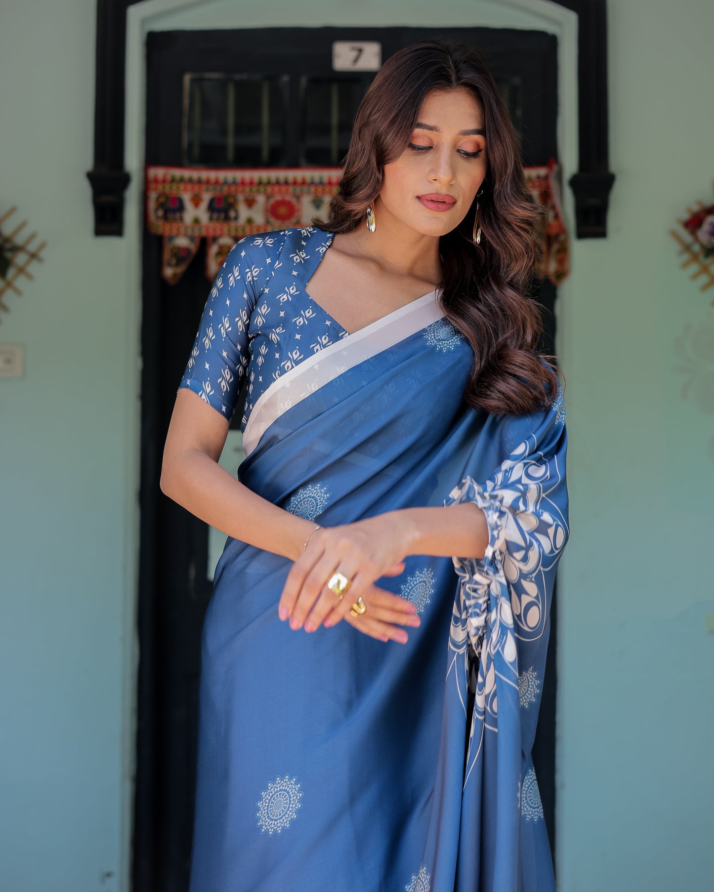 Ocean Blue Satin Georgette Freehand Saree with White Mandala Motifs & Printed Ikat Blouse | Handsfree Loop Drape