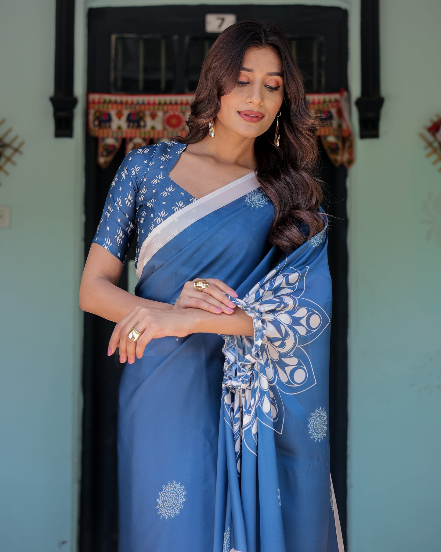 Ocean Blue Satin Georgette Freehand Saree with White Mandala Motifs & Printed Ikat Blouse | Handsfree Loop Drape