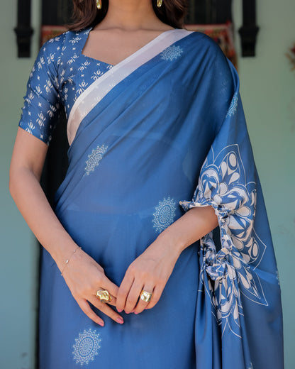 Ocean Blue Satin Georgette Freehand Saree with White Mandala Motifs & Printed Ikat Blouse | Handsfree Loop Drape