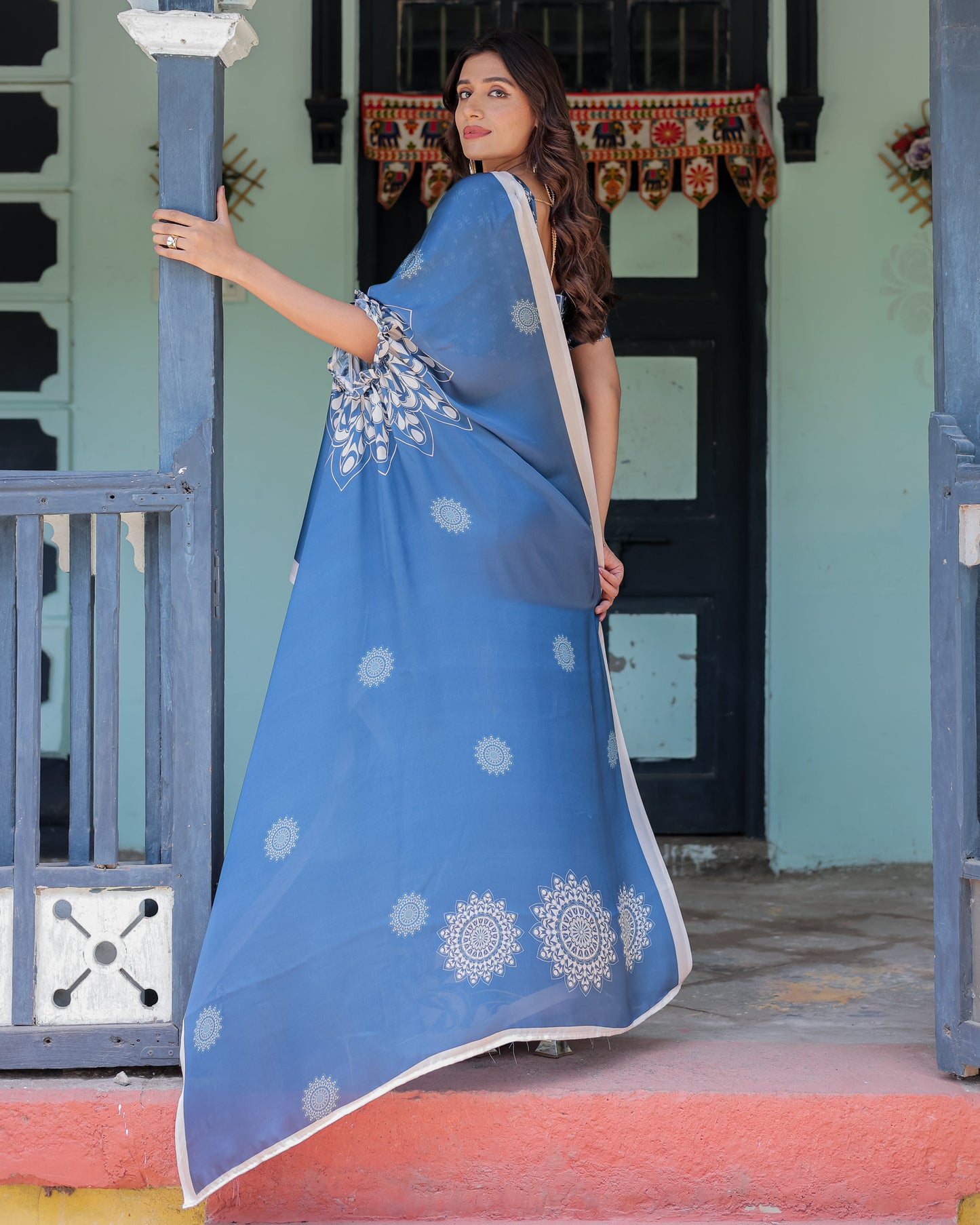 Ocean Blue Satin Georgette Freehand Saree with White Mandala Motifs & Printed Ikat Blouse | Handsfree Loop Drape