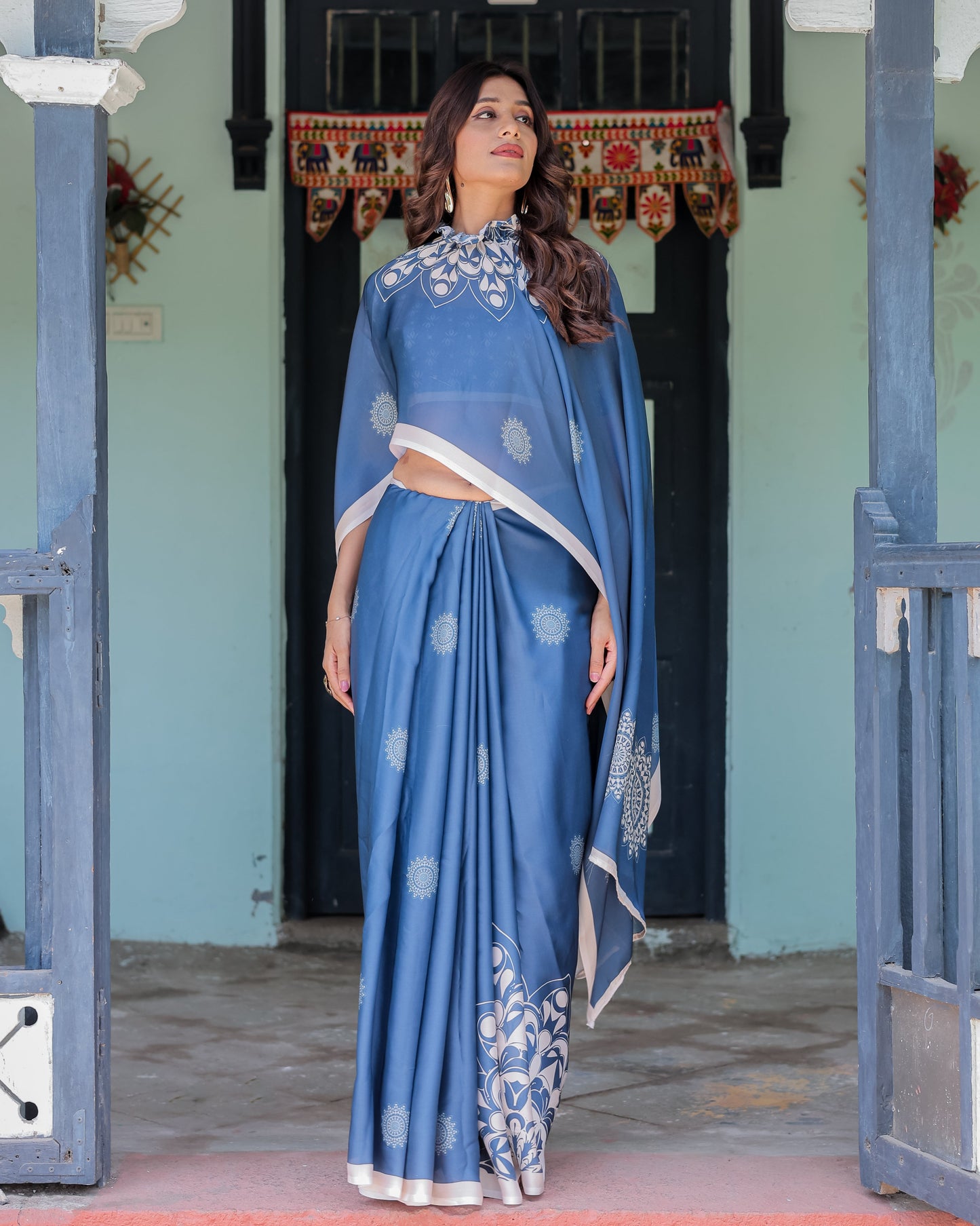 Ocean Blue Satin Georgette Freehand Saree with White Mandala Motifs & Printed Ikat Blouse | Handsfree Loop Drape