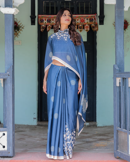 Ocean Blue Satin Georgette Freehand Saree with White Mandala Motifs & Printed Ikat Blouse | Handsfree Loop Drape
