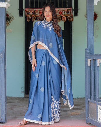 Ocean Blue Satin Georgette Freehand Saree with White Mandala Motifs & Printed Ikat Blouse | Handsfree Loop Drape