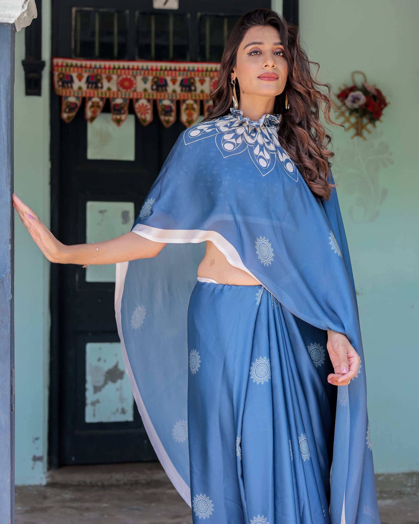 Ocean Blue Satin Georgette Freehand Saree with White Mandala Motifs & Printed Ikat Blouse | Handsfree Loop Drape