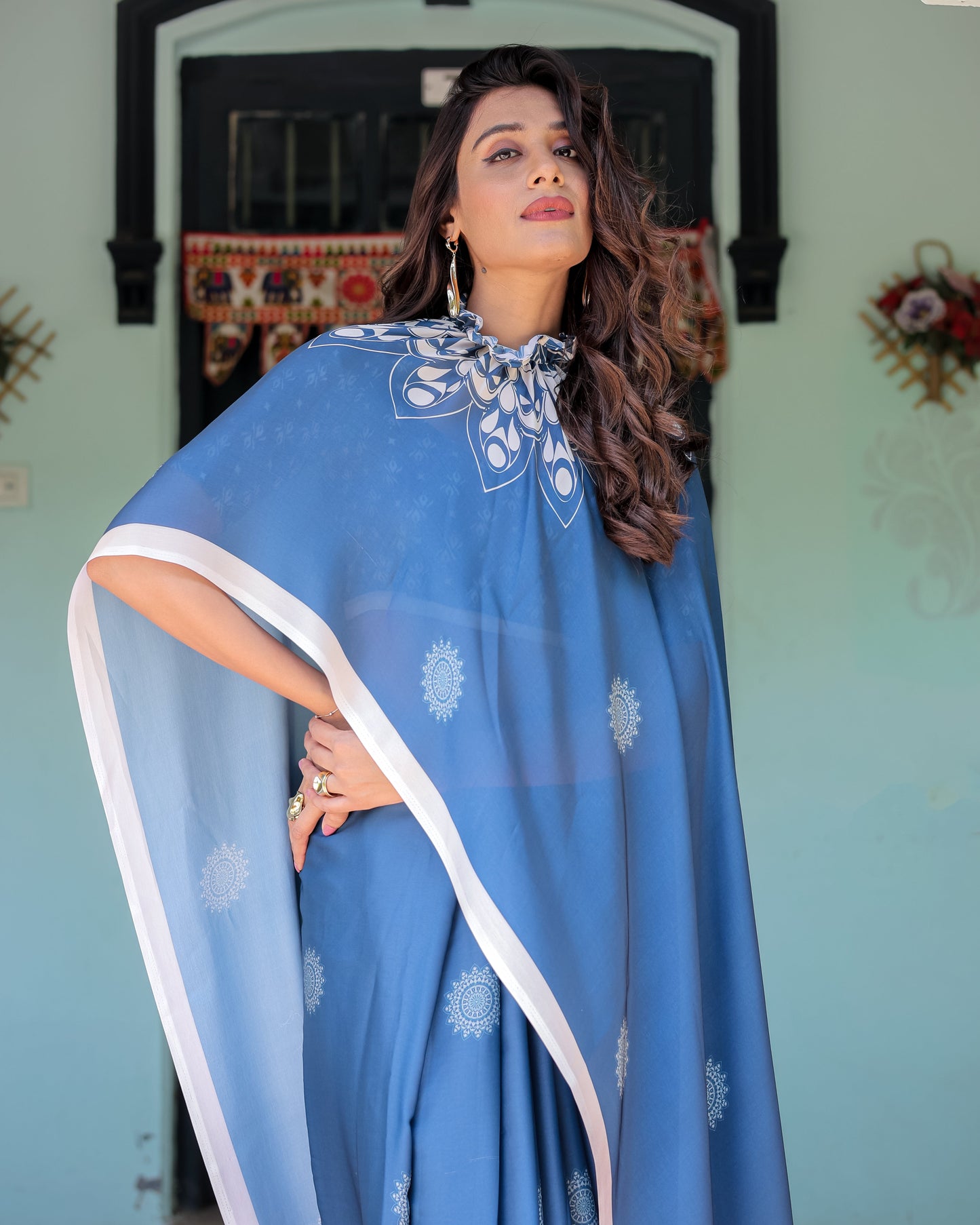 Ocean Blue Satin Georgette Freehand Saree with White Mandala Motifs & Printed Ikat Blouse | Handsfree Loop Drape