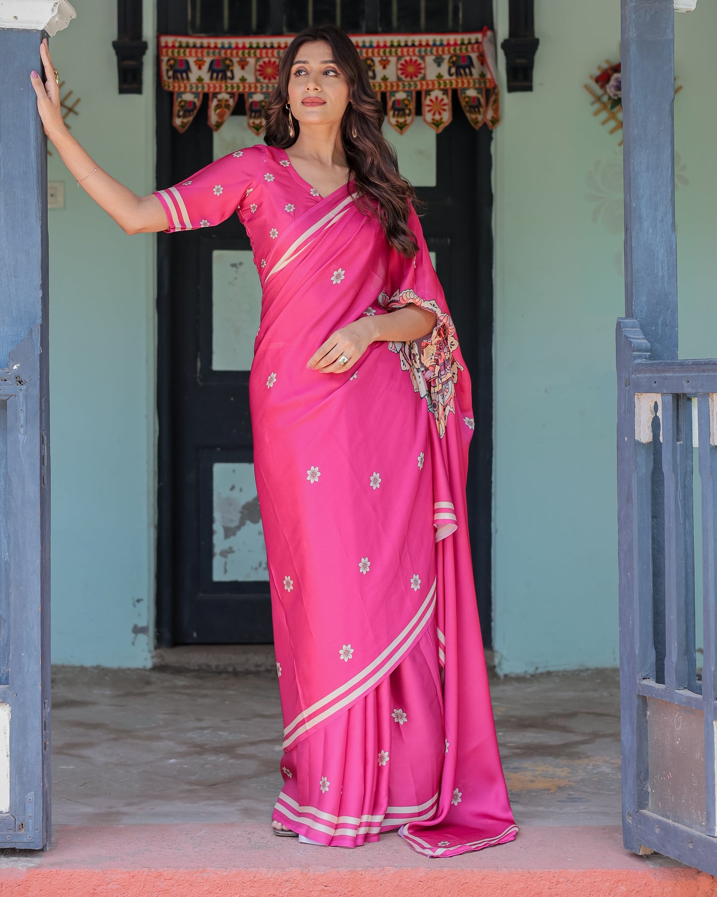 Vibrant Rani Pink Freehand Floral Printed Saree in Satin Georgette with Ivory Border & Designer Blouse | 5.5m Saree + 0.8m Blouse Piece