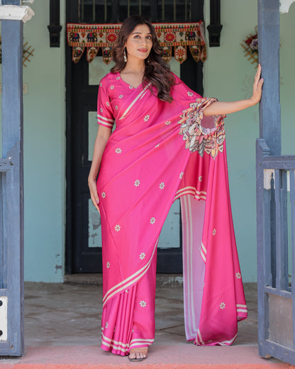 Vibrant Rani Pink Freehand Floral Printed Saree in Satin Georgette with Ivory Border & Designer Blouse | 5.5m Saree + 0.8m Blouse Piece