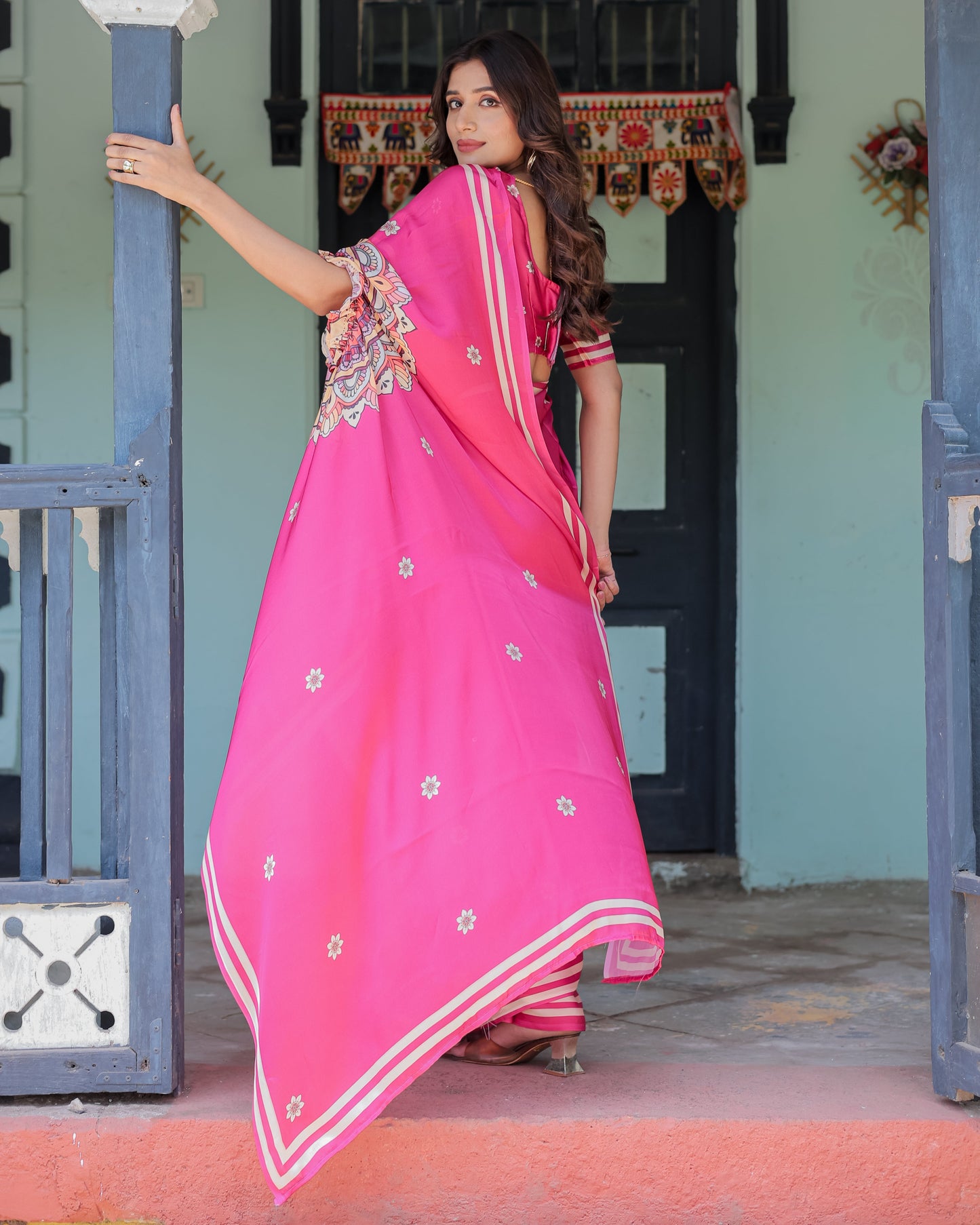 Vibrant Rani Pink Freehand Floral Printed Saree in Satin Georgette with Ivory Border & Designer Blouse | 5.5m Saree + 0.8m Blouse Piece