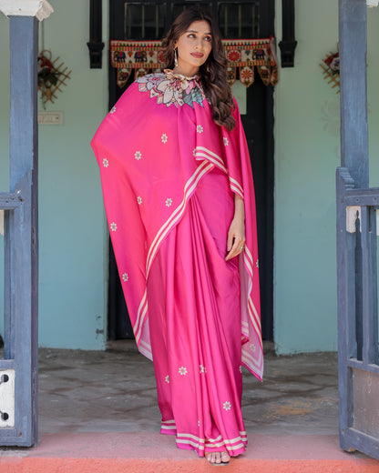 Vibrant Rani Pink Freehand Floral Printed Saree in Satin Georgette with Ivory Border & Designer Blouse | 5.5m Saree + 0.8m Blouse Piece