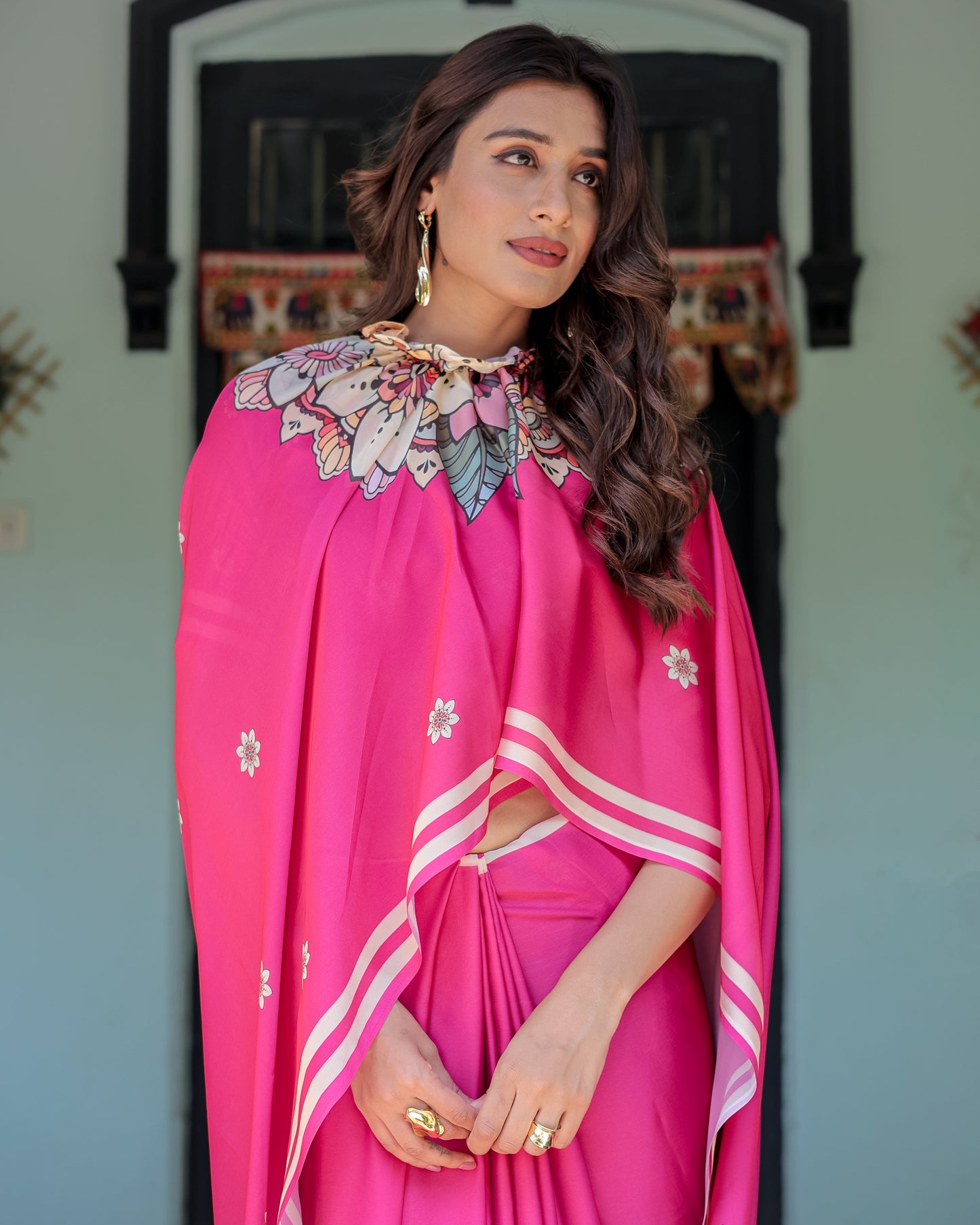 Vibrant Rani Pink Freehand Floral Printed Saree in Satin Georgette with Ivory Border & Designer Blouse | 5.5m Saree + 0.8m Blouse Piece