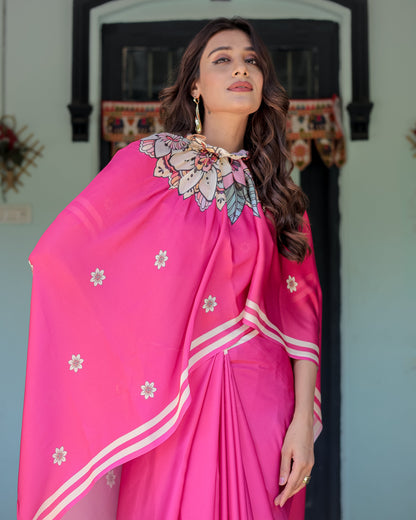 Vibrant Rani Pink Freehand Floral Printed Saree in Satin Georgette with Ivory Border & Designer Blouse | 5.5m Saree + 0.8m Blouse Piece