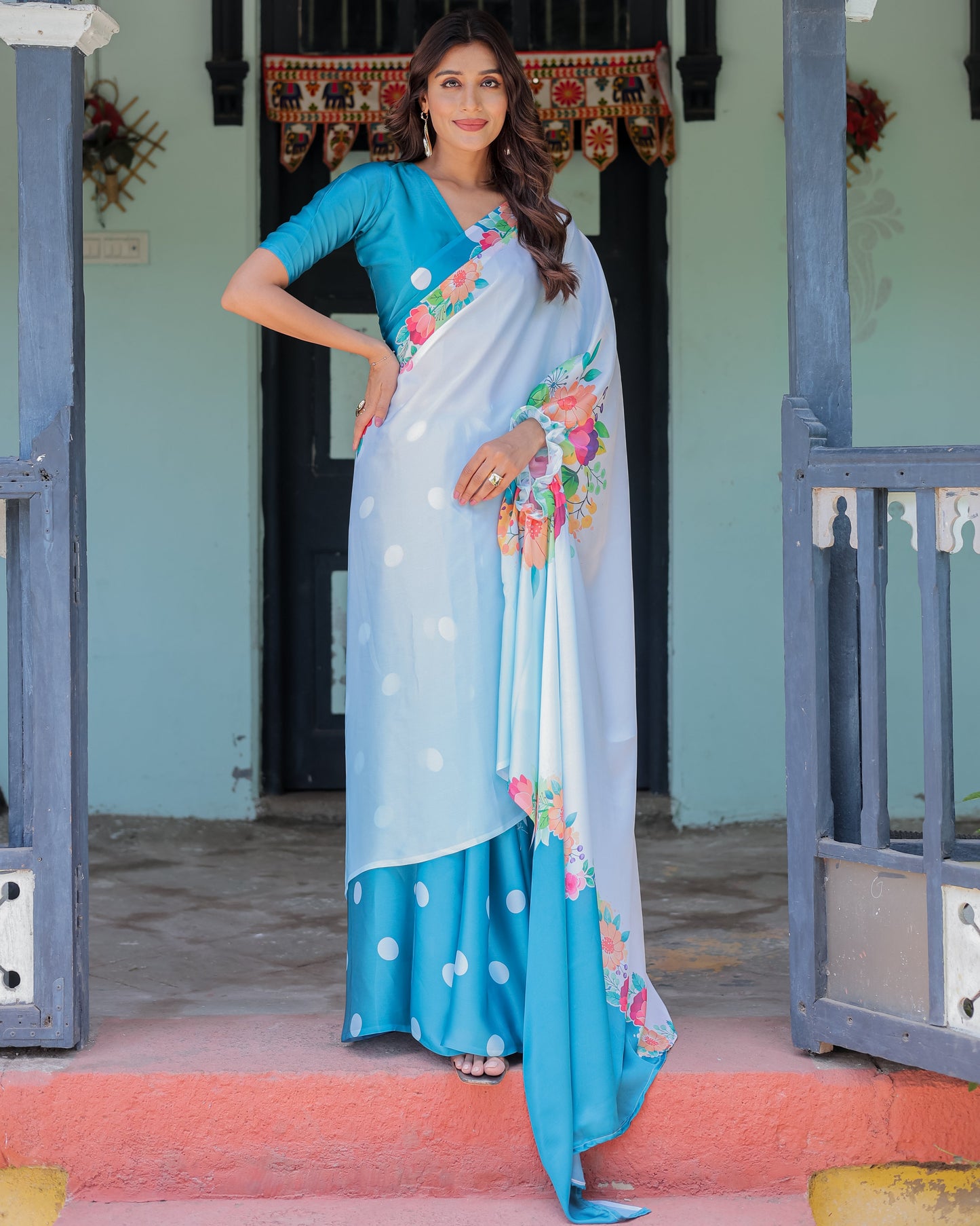 Sky Blue Satin Georgette Polka Dot Saree with Floral Pallu & Teal Blouse | Handsfree Draping Loop