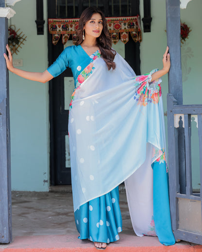 Sky Blue Satin Georgette Polka Dot Saree with Floral Pallu & Teal Blouse | Handsfree Draping Loop