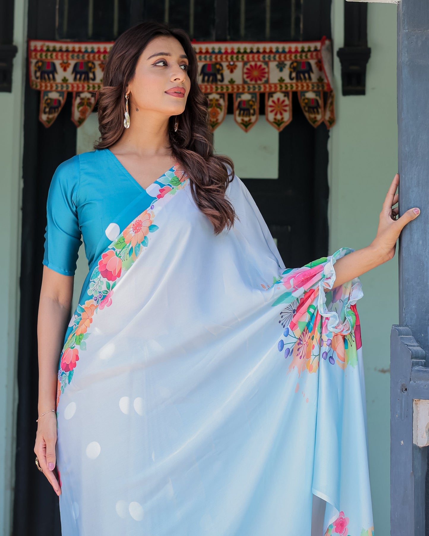Sky Blue Satin Georgette Polka Dot Saree with Floral Pallu & Teal Blouse | Handsfree Draping Loop