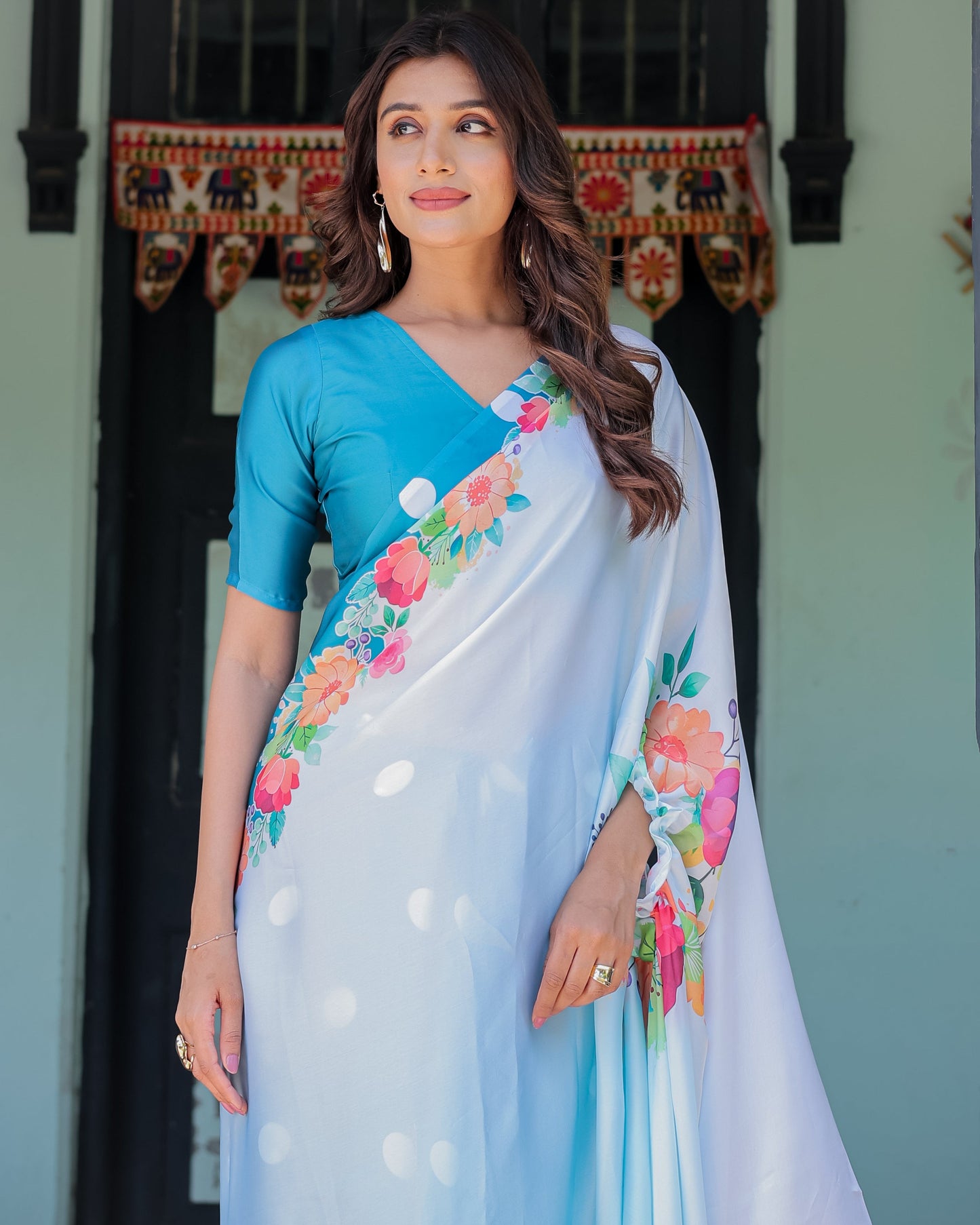 Sky Blue Satin Georgette Polka Dot Saree with Floral Pallu & Teal Blouse | Handsfree Draping Loop