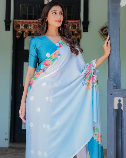 Sky Blue Satin Georgette Polka Dot Saree with Floral Pallu & Teal Blouse | Handsfree Draping Loop