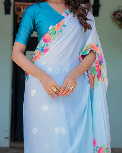 Sky Blue Satin Georgette Polka Dot Saree with Floral Pallu & Teal Blouse | Handsfree Draping Loop
