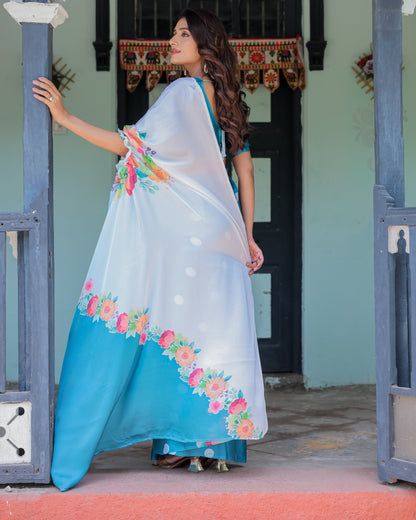 Sky Blue Satin Georgette Polka Dot Saree with Floral Pallu & Teal Blouse | Handsfree Draping Loop