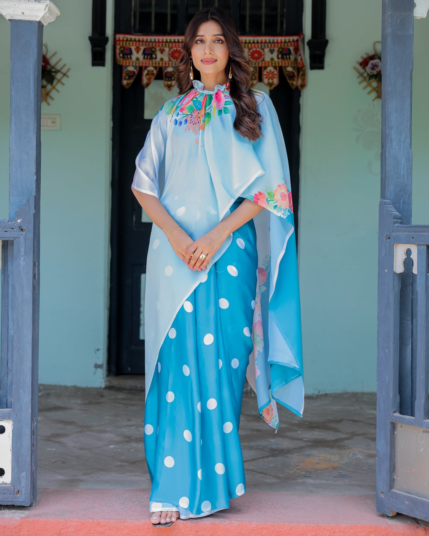 Sky Blue Satin Georgette Polka Dot Saree with Floral Pallu & Teal Blouse | Handsfree Draping Loop