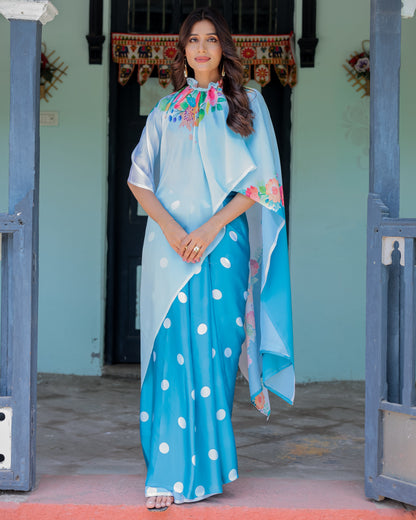 Sky Blue Satin Georgette Polka Dot Saree with Floral Pallu & Teal Blouse | Handsfree Draping Loop