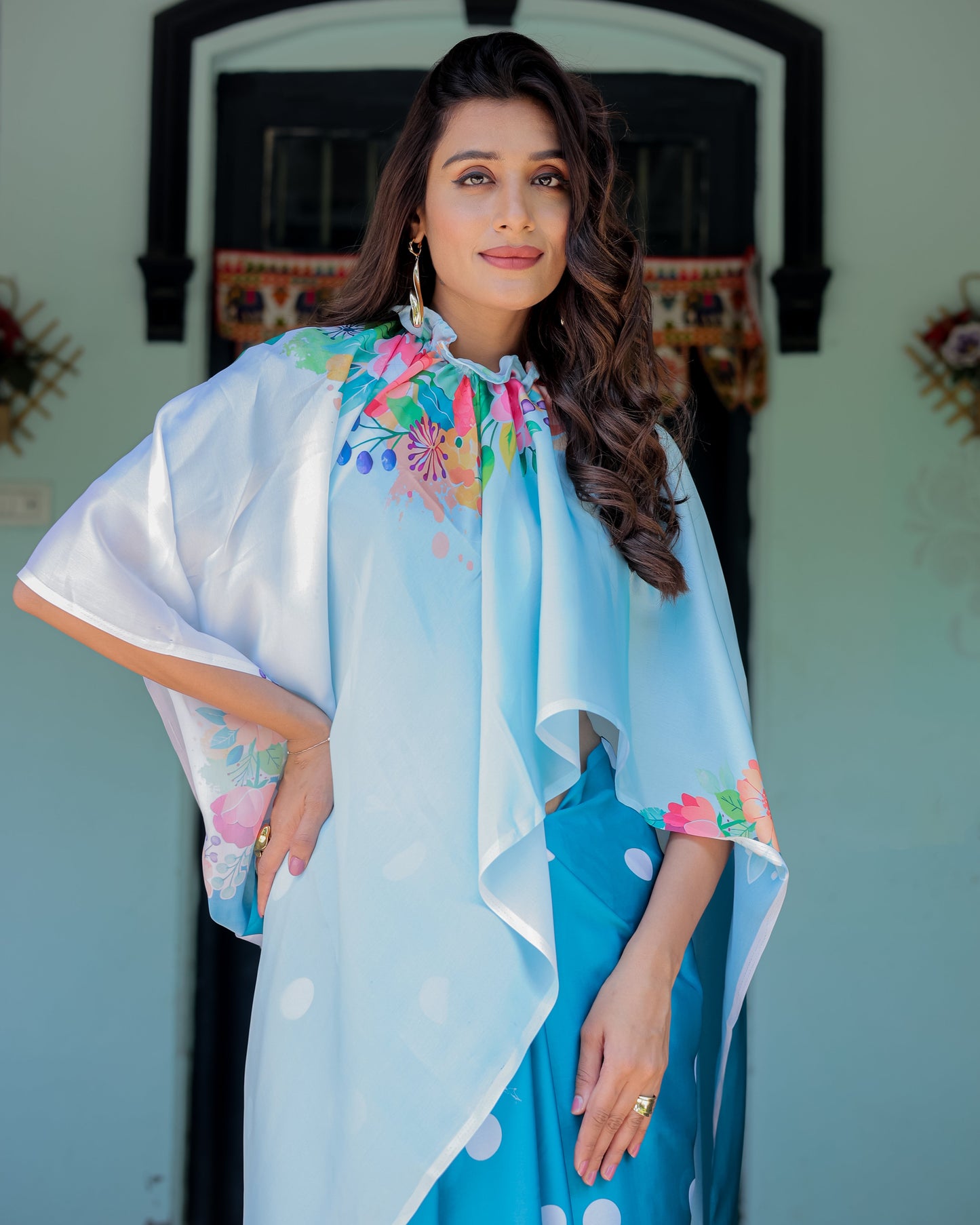 Sky Blue Satin Georgette Polka Dot Saree with Floral Pallu & Teal Blouse | Handsfree Draping Loop
