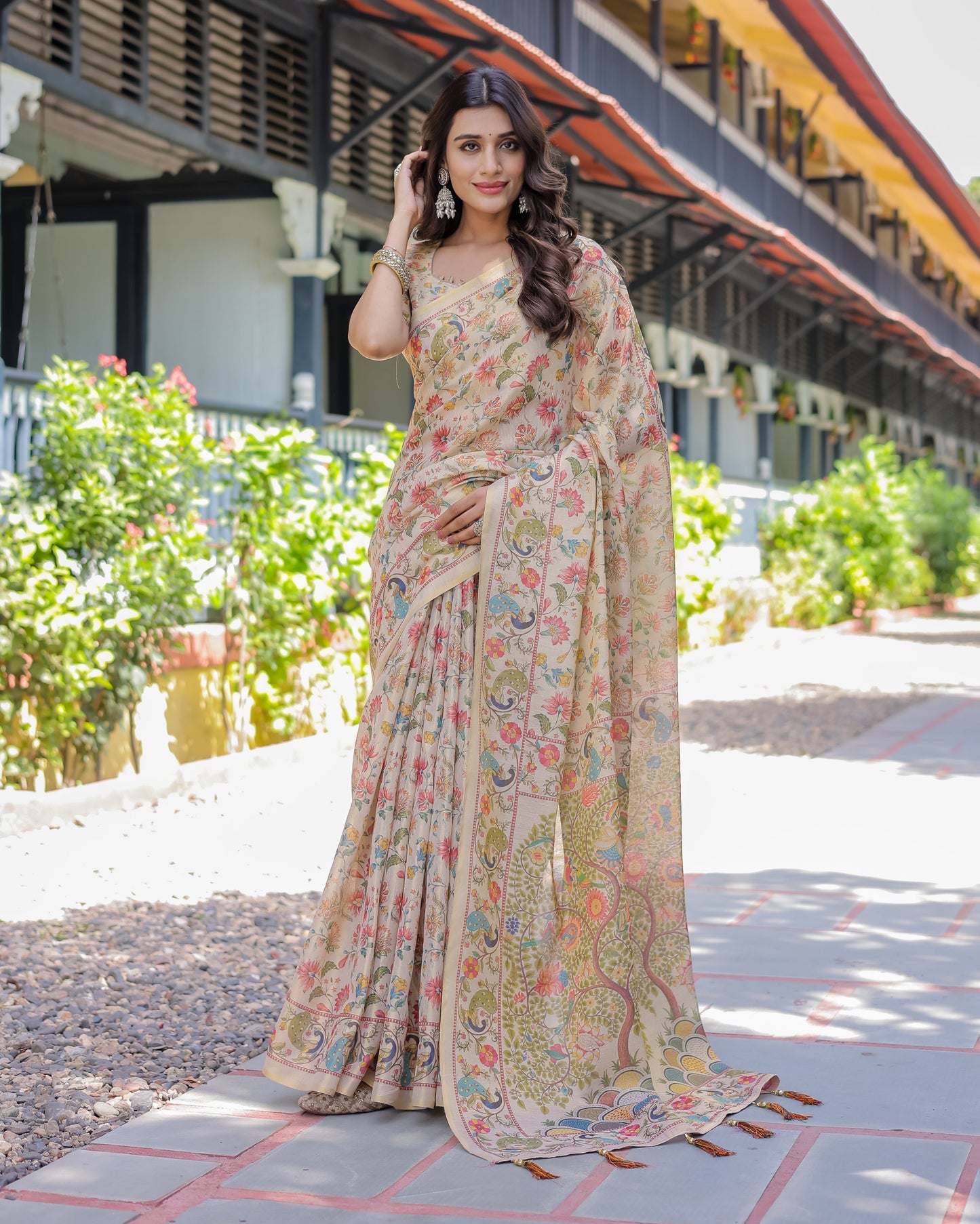 Ivory Beige Handloom Cotton Saree with Multicolor Floral & Peacock Tree of Life Pallu