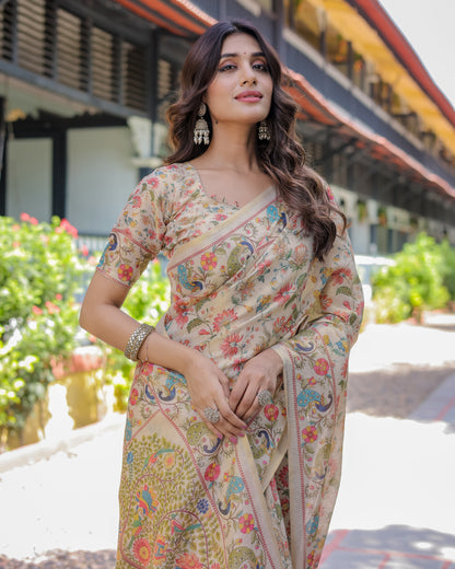 Ivory Beige Handloom Cotton Saree with Multicolor Floral & Peacock Tree of Life Pallu