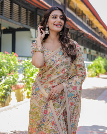 Ivory Beige Handloom Cotton Saree with Multicolor Floral & Peacock Tree of Life Pallu