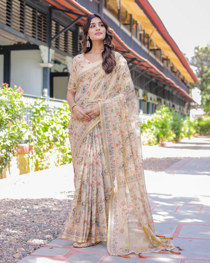 Ivory Cream Handloom Cotton Saree with Peacock & Floral Digital Print
