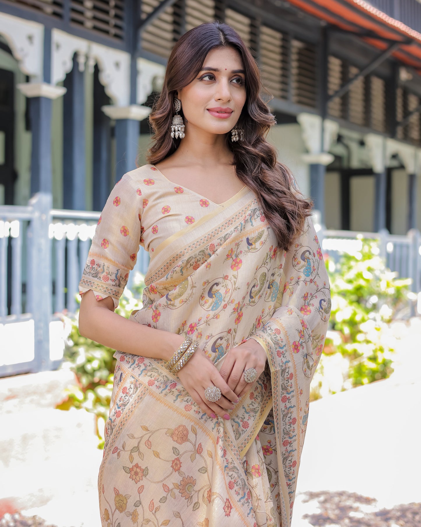 Ivory Cream Handloom Cotton Saree with Peacock & Floral Digital Print