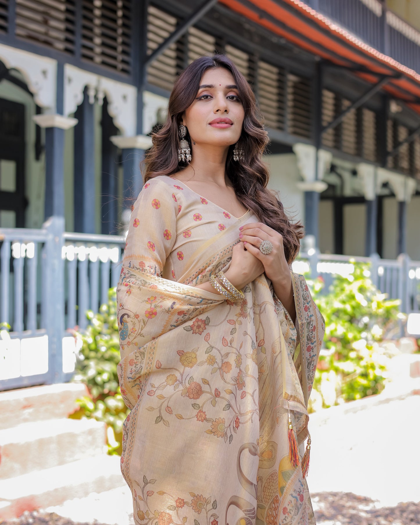 Ivory Cream Handloom Cotton Saree with Peacock & Floral Digital Print