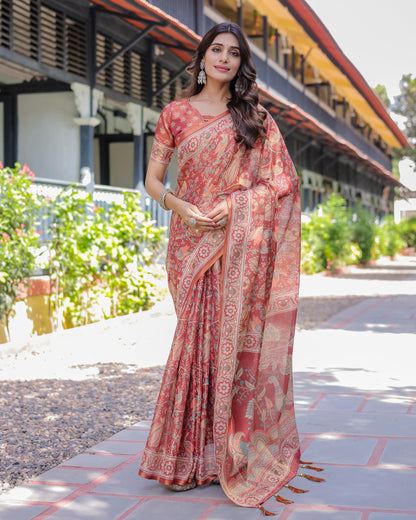 Rust Red Handloom Cotton Saree with Artistic Peacock & Floral Print – Contrast Blouse Included