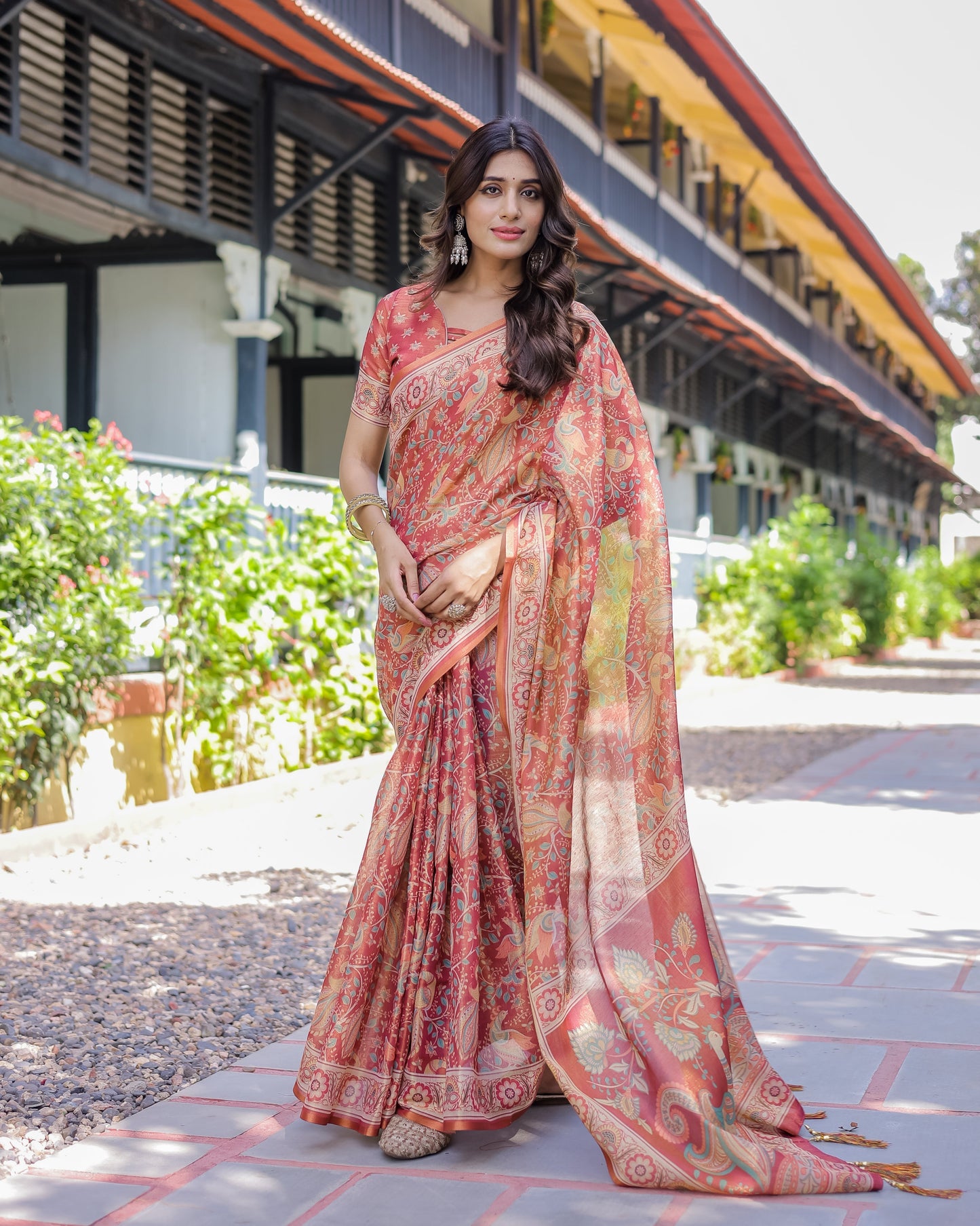 Rust Red Handloom Cotton Saree with Artistic Peacock & Floral Print – Contrast Blouse Included