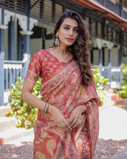 Rust Red Handloom Cotton Saree with Artistic Peacock & Floral Print – Contrast Blouse Included
