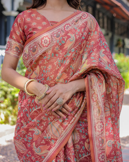 Rust Red Handloom Cotton Saree with Artistic Peacock & Floral Print – Contrast Blouse Included