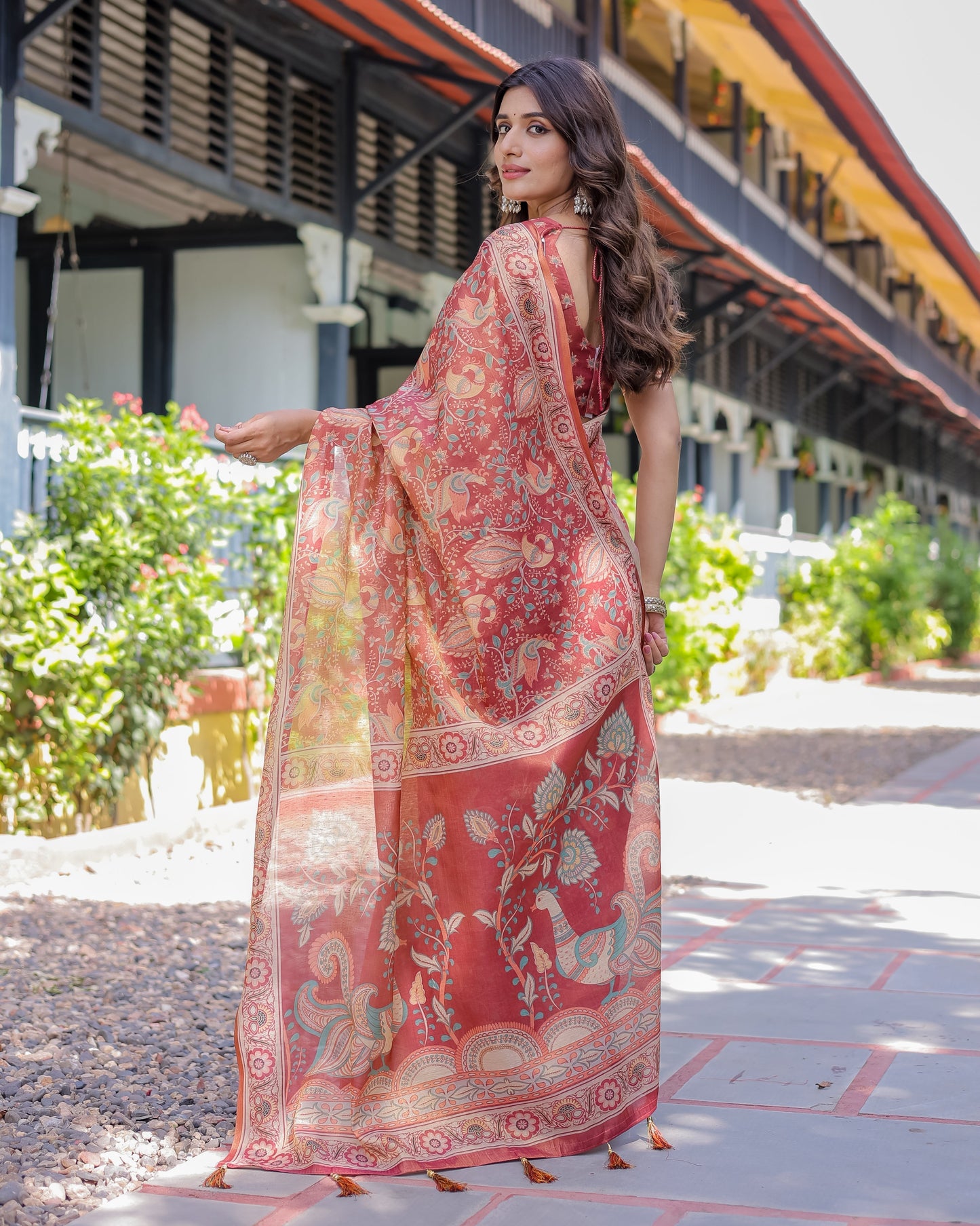 Rust Red Handloom Cotton Saree with Artistic Peacock & Floral Print – Contrast Blouse Included