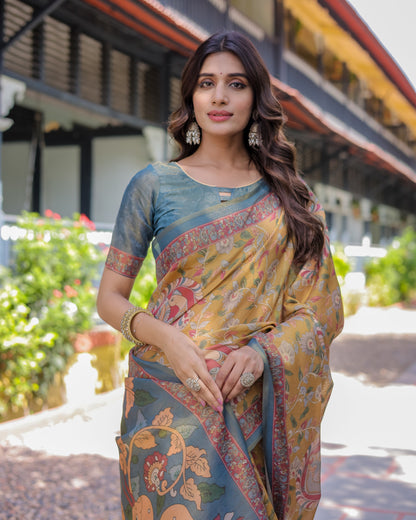 Maroon Handloom Cotton Saree with Intricate Peacock & Floral Art – Contrast Green Pallu
