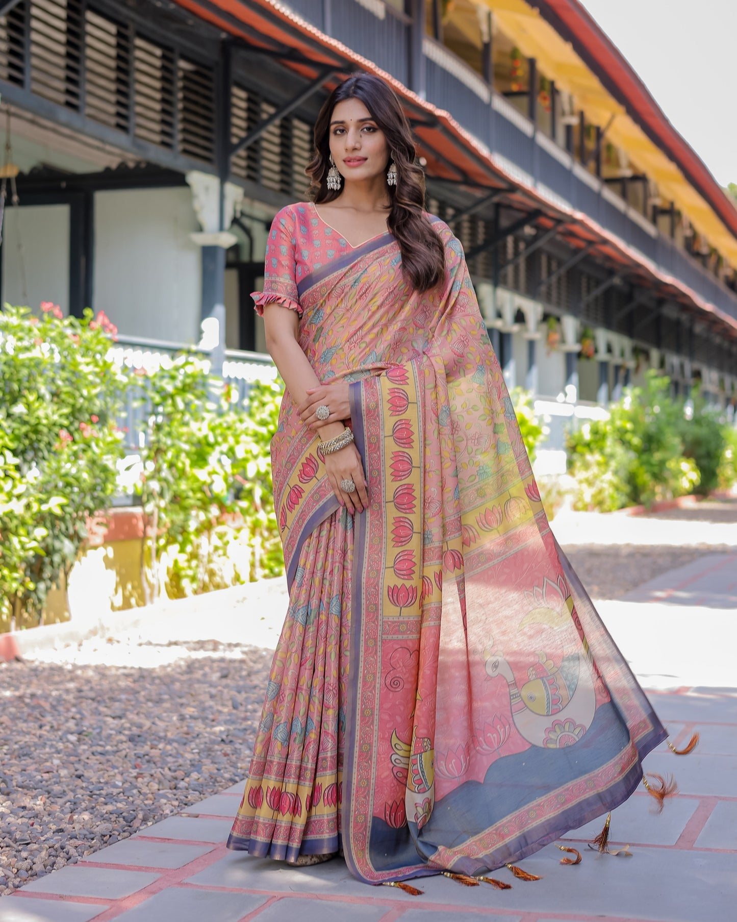 Peach Pink Handloom Cotton Saree with Lotus & Bird Motifs and Navy Border Pallu