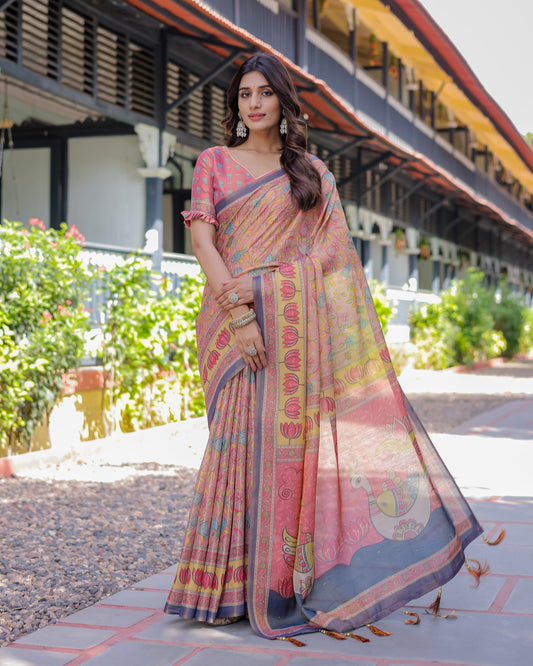 Peach Pink Handloom Cotton Saree with Lotus & Bird Motifs and Navy Border Pallu