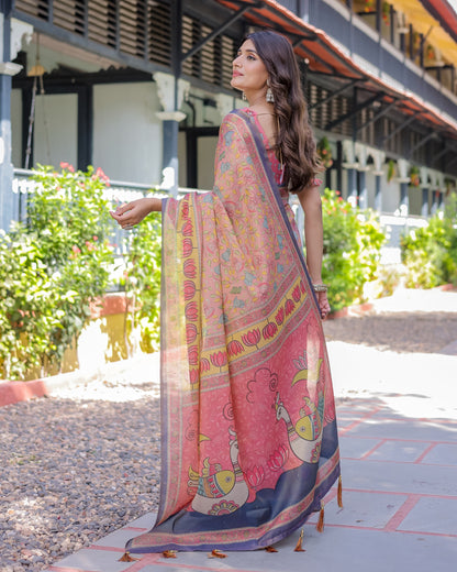 Peach Pink Handloom Cotton Saree with Lotus & Bird Motifs and Navy Border Pallu