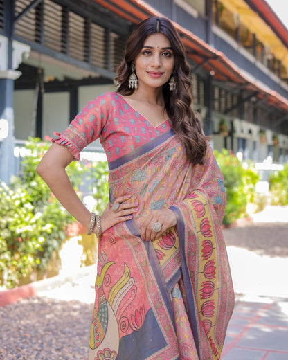 Peach Pink Handloom Cotton Saree with Lotus & Bird Motifs and Navy Border Pallu