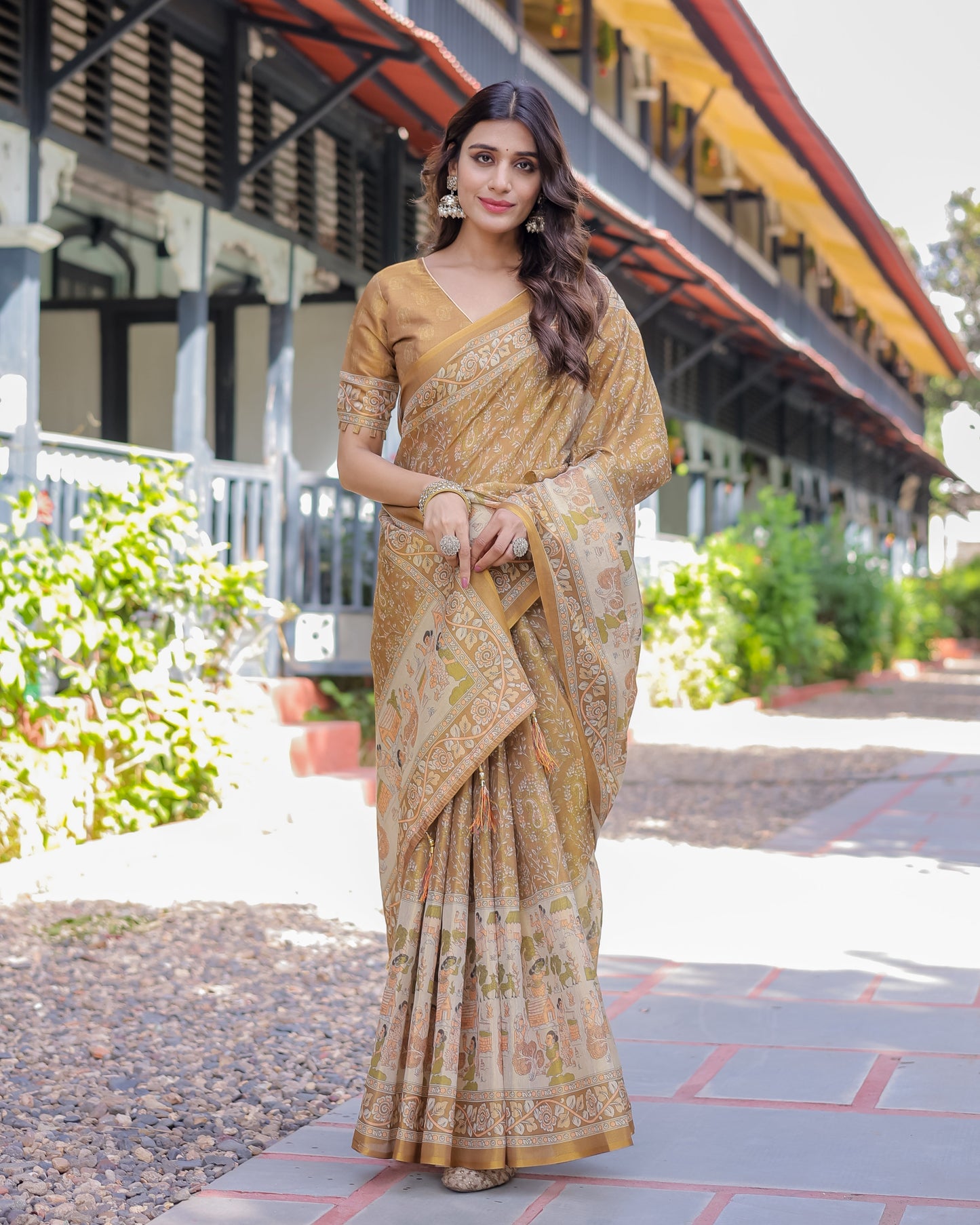 Mustard Brown Pure Handloom Cotton Saree with Village Life Digital Print & Contrast Pallu