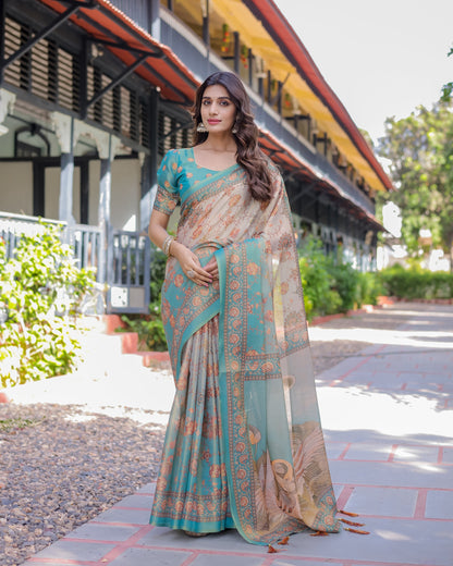 Teal Beige Handloom Cotton Saree with Swan Motif Pallu & Floral Digital Print