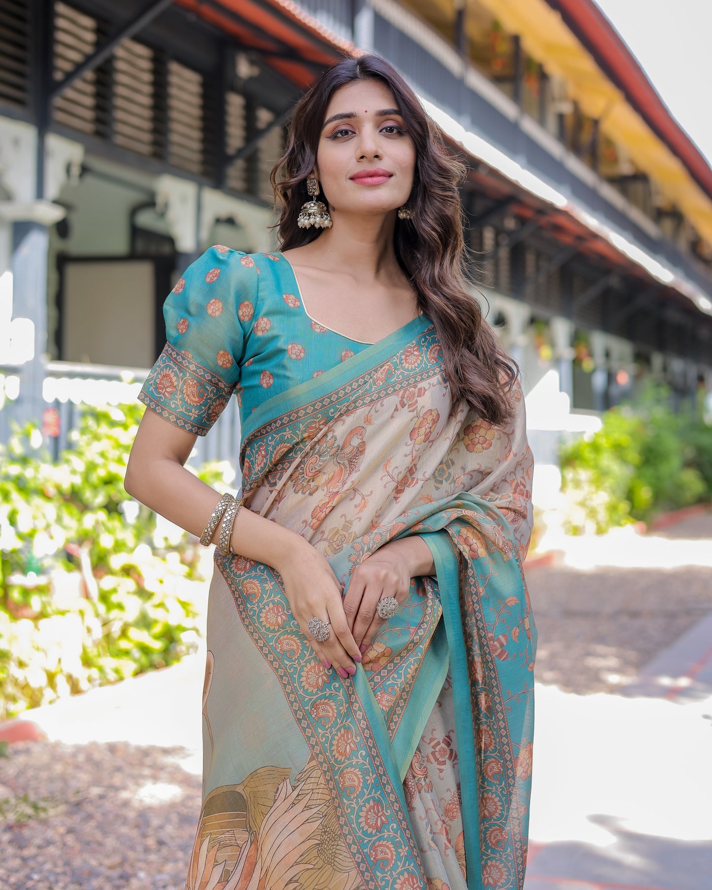 Teal Beige Handloom Cotton Saree with Swan Motif Pallu & Floral Digital Print