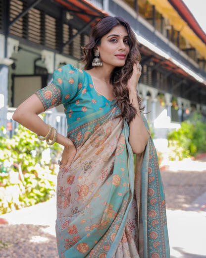 Teal Beige Handloom Cotton Saree with Swan Motif Pallu & Floral Digital Print